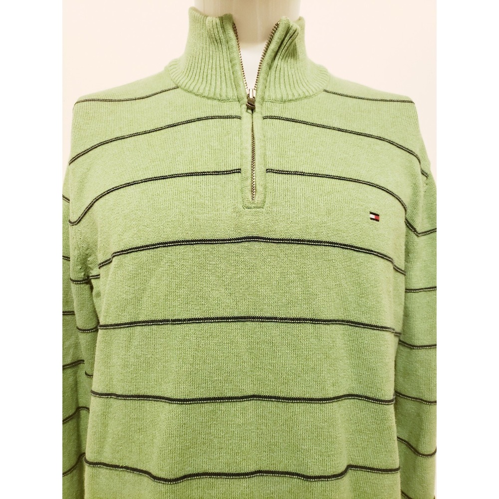 Tommy Hilfiger Mens Logo Blue Striped 1/4 Zip Mock Neck Sweater Size Large Green